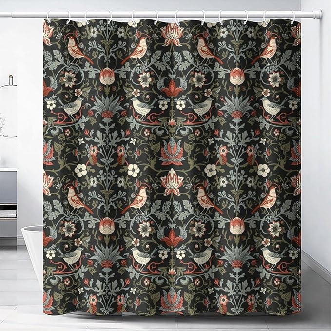 Boho Shower Curtain William Morris Art Print Retro Bird Plant Natural Flower Pattern Print Shower Curtains 72""×84"" Inch, Style-2