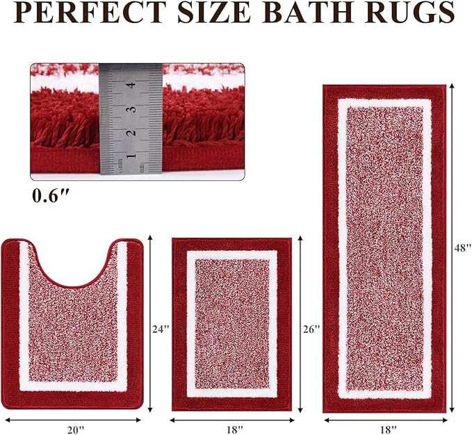 Pauwer 3 Piece Bath Mat Set Bathroom Rugs, Non Slip Plush Bathroom Mats, Absorbent Shaggy Bath Rug Set with U-Shaped Contour Toilet Mat for Bathroom Bedroom Living Room, Red