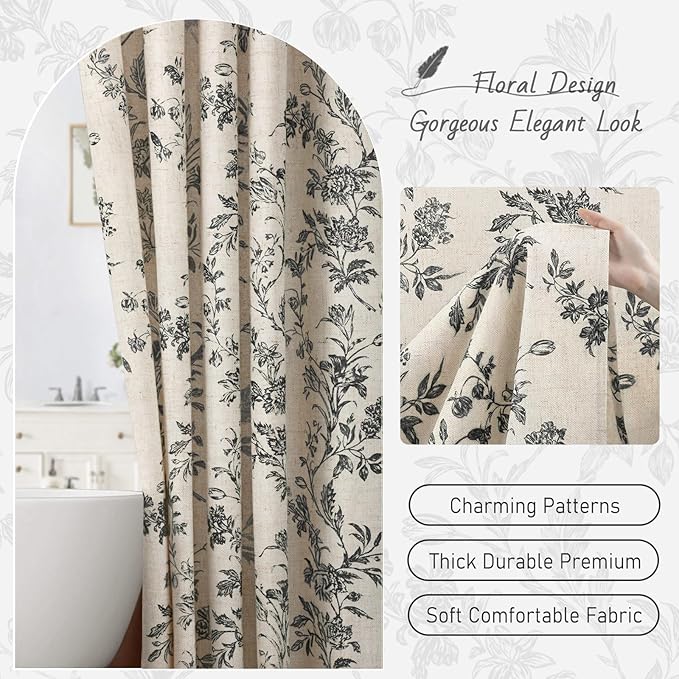 Black Floral Shower Curtain,Vintage Linen Beige Cottagecore Shower Curtains for Bathroom, 72" W x 72" L