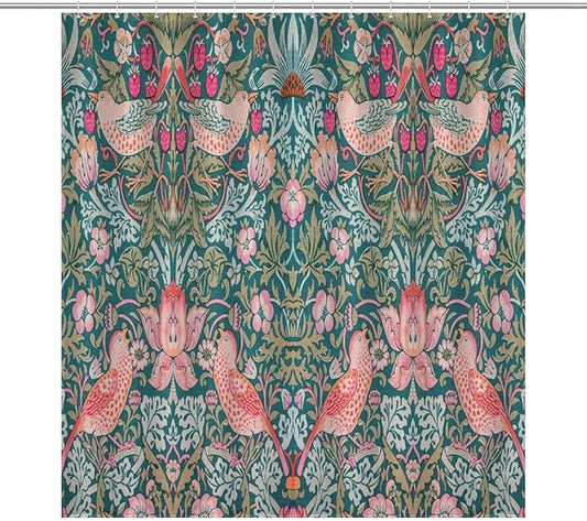 William Morris Shower Curtain,Original Design Vintage Flower Birds Strawberry Thief Pattern Print Shower Curtains Sets Polyester Waterproof Fabric Decor Bathroom Curtain 72"×84" Inch With 12 Hooks