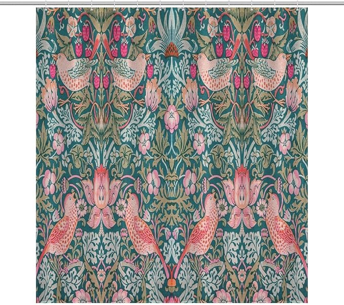 William Morris Shower Curtain,Original Design Vintage Flower Birds Strawberry Thief Pattern Print Shower Curtains Sets Polyester Waterproof Fabric Decor Bathroom Curtain 72"×72" Inch With 12 Hooks