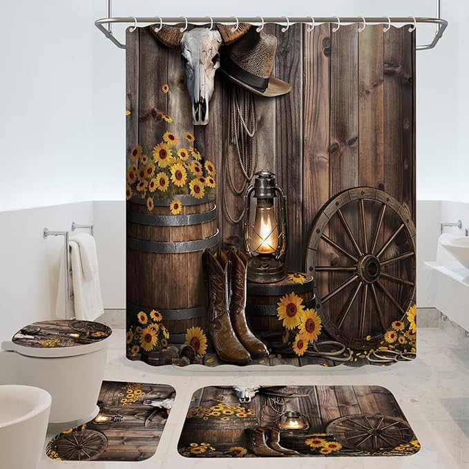 4Pcs Brown Cowboy Shower Curtain Rustic Theme Western Bathroom Set with Non-Slip Rugs, Rustic Farmhouse Shower Curtain with Sunflower and Barn Design, Washable Fabric, 12 Plastic Hooks