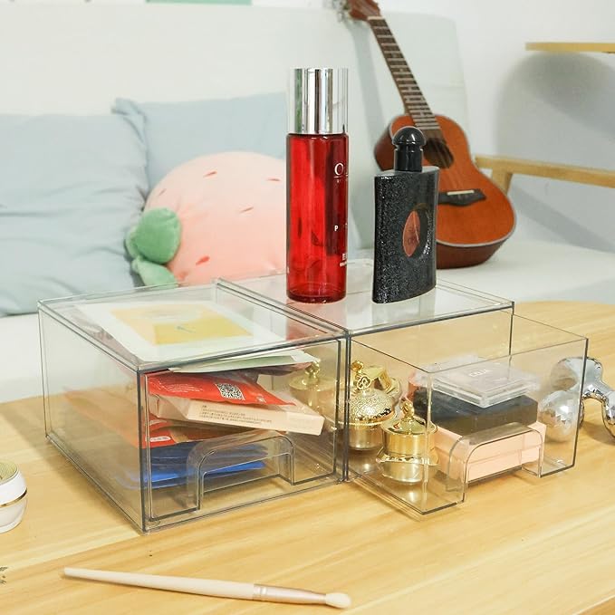 Stackable Clear Bin Plastic Organizer Drawers,Acrylic Bathroom Makeup Organizer Storage Drawers Bin,2 Pack