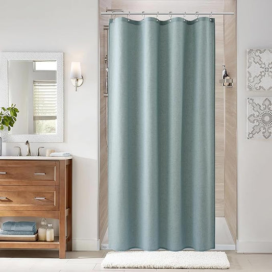 Naturoom Light Blue 48 Inch Shower Curtain - Stall Narrow Half Linen Ultra Thick Fabric Shower Curtain Set with Hooks, Boho Farmhouse Rustic RV Camper Bath Curtains for Bathroom, 48x72