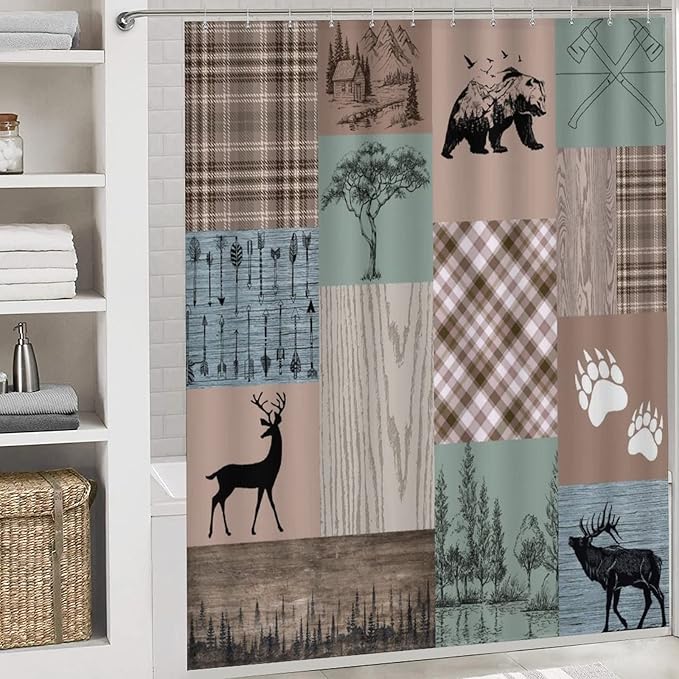 Rustic Cabin Lodge Bear Shower Curtain Sets with Rugs 4 Piece Accessories Bathroom Curtains Shower Set Include Shower Curtain Non-Slip Rug Toilet Lid Cover Bath Mat One Size