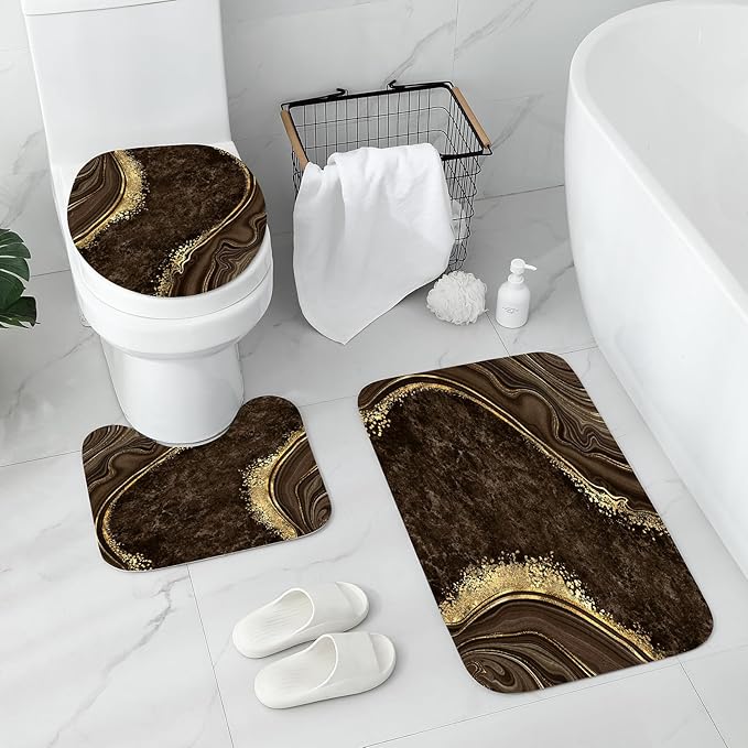 Gibelle 4 Pcs Luxury Marble Shower Curtain Set with Non-Slip Rugs, Toilet Lid Cover and Bath Mat, Gold Foil Brown Bathroom Decor Set with Shower Curtain and Rugs and Accessories