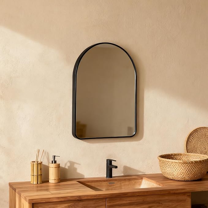 Funly mee Arched Wall Mirror, Wall-Mounted Plastic Mirror, for Bathroom and Vanity (Black, 11.8 x 15.8)