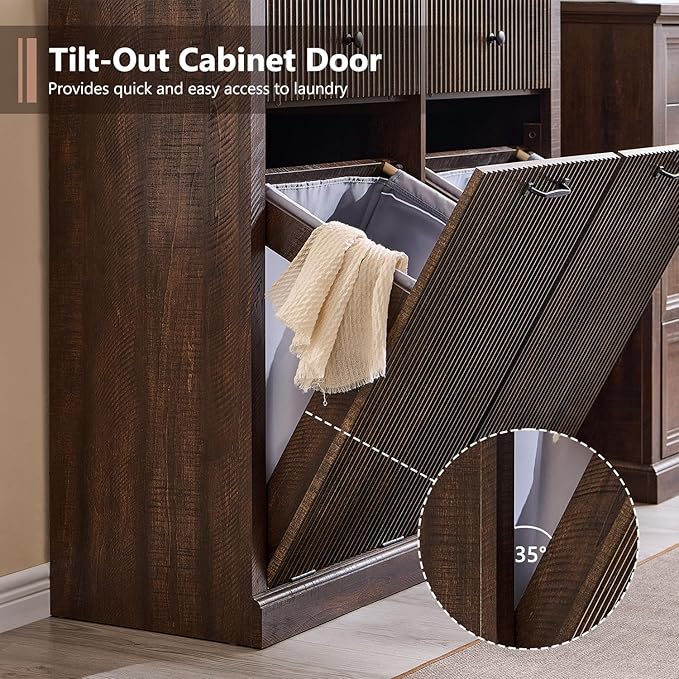 IFBUY Modern Double Tilt-Out Laundry Hamper Cabinet, 20 Gallon Fluted Trash Can Cabinet w/2 Drawers, Wooden Hidden Garbage Can Cabinets w/Laundry Basket, Free Standing for Bathroom and Kitchen, Brown