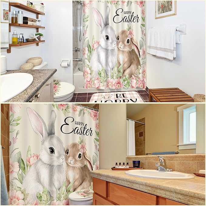 Rtteri 4 Pcs Easter Shower Curtains for Bathroom, Easter Bathroom Decor with Non-Slip Rugs Toilet Lid Cover and Bath Mat Bunny Curtain Decor Set with 12 Hooks(Bunny)