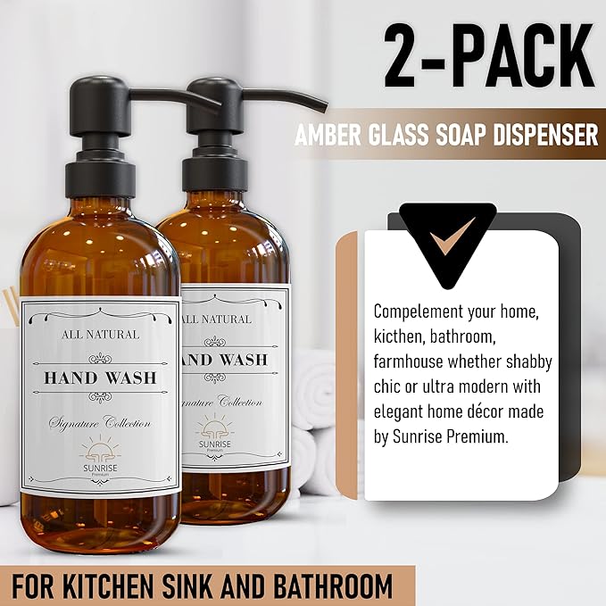 Sunrise Premium 2 Pack Amber Glass Soap Dispenser 16 OZ with Matte Black Stainless Steel Pump, Hand and Dish Soap Dispenser Set for Bathroom and Kitchen Sink with 6 Waterproof Labels