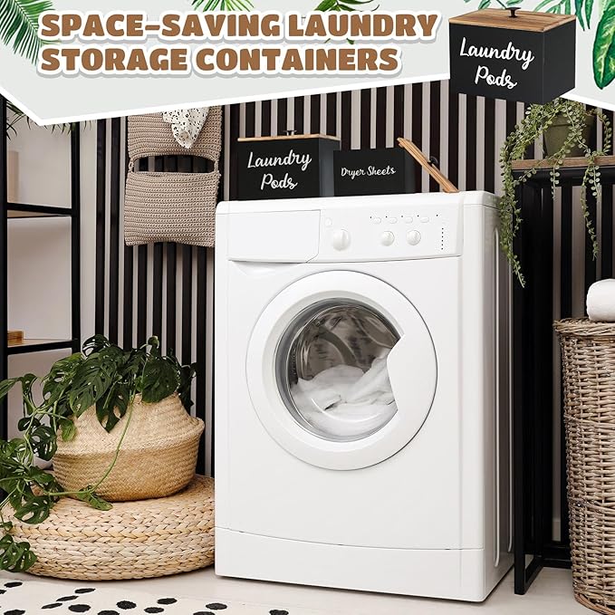 Dandat 2 Pcs Wood Rustic Laundry Dryer Sheet Holder Pod Container with Lid 8.7 x 6.3 x 6.4 Inch Laundry Pod Holder 7.3 x 3.7 x 5 Inch Dryer Sheet Dispenser Wooden Box Container(Black)
