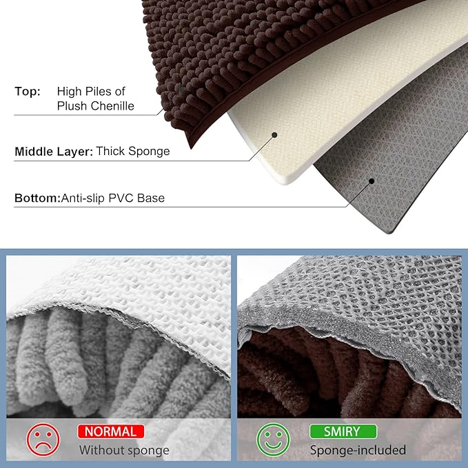 Smiry Luxury Chenille Bathroom Rugs 47x24, Extra Soft and Absorbent Shaggy Bath Mat, Machine Washable, Non-Slip Plush Carpet Runner for Tub, Shower, and Floor, Home Decor Accessories, Brown