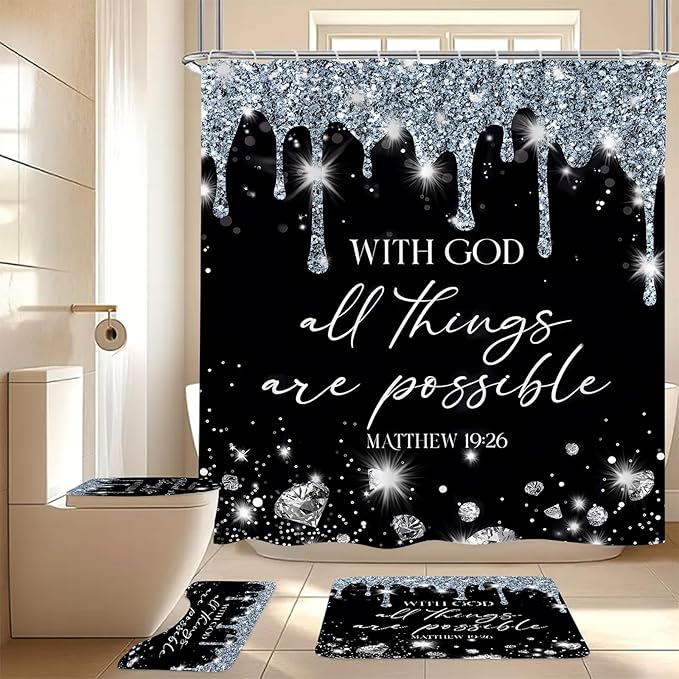 4 Pcs Black Silver Diamonds Shower Curtain Set with Rugs and Toilet Lid Cover, Black White Bible Verse Waterproof Fabric Bathroom Set, Christian Scripture Shower Curtain Bathroom Decor Set Accessories