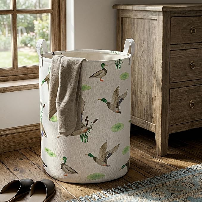 Mallard Duck Laundry Basket Cute Duck Room Decor,Boys Hunting Duck Nursey Laundry Hamper for Baby Clothes Storage Basket (Mallard, 43L)