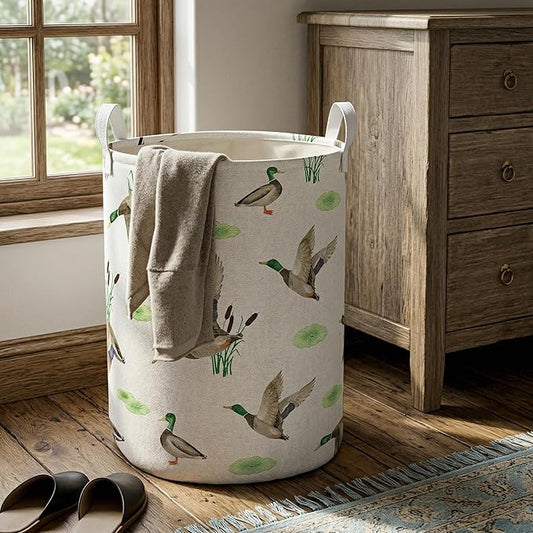 Mallard Duck Laundry Basket Cute Duck Room Decor,Boys Hunting Duck Nursey Laundry Hamper for Baby Clothes Storage Basket (Mallard, 43L)