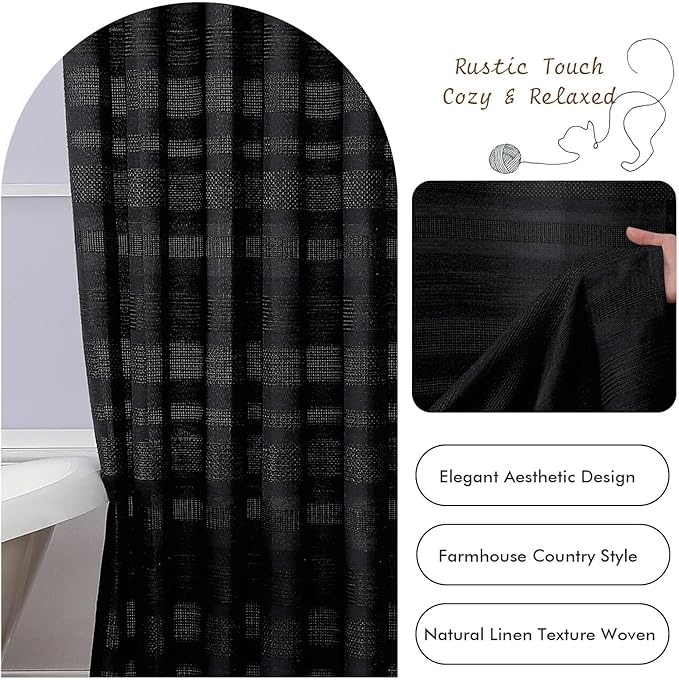 OVZME Extra Long Black Shower Curtain 96 Inch Long, Boho Linen Textured Soft Fabric Heavy Duty Cloth Bathroom Shower Curtain with Tassel, Tall Farmhouse Luxury Bath Decor, 72Wx96L Inches