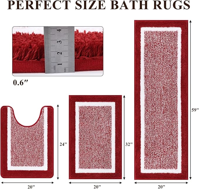 Pauwer Bathroom Rugs Sets 3 Piece Bathroom Shower Rugs with U-Shaped Contour Toilet Mat Absorbent Microfiber Plush Bath Mats Non Slip Bath Rugs Machine Washable Shaggy Floor Mats, Red