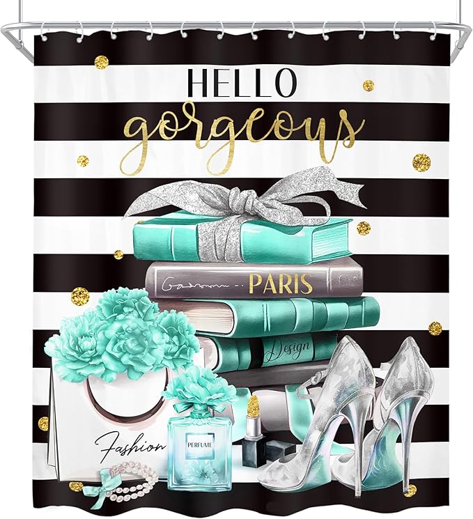 Cinbloo 4Pcs Black and Teal Shower Curtain Set,Modern High Heels Striped Magazine Book Bathroom Curtain with Rug, Toilet Lid Cover, Bath Mat,Floral Flower Perfume Shower Curtain with 12 Hooks