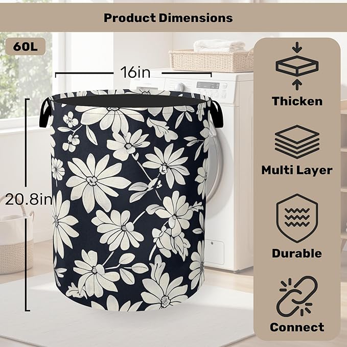 Black White Daisy Laundry Basket - Heavy Duty 60L Dirty Clothes Organizer, Water Resistant Foldable Hamper for Men Women