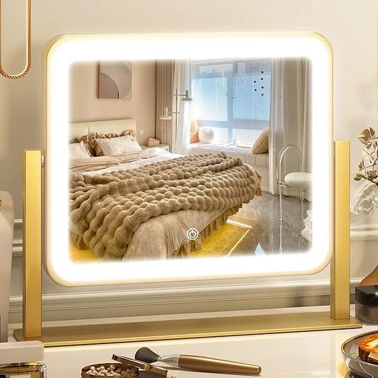 12" x14" Vanity Mirror with Light, LED Makeup Mirror with Lights, Small Gold Mirror with 360°Rotation, 3 Color Modes, Dimmable ＆ Memory Function, LED Mirror for Vanity Desk, Travel