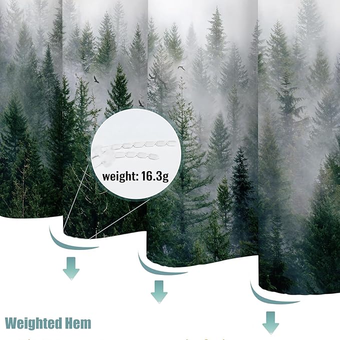 Accnicc Misty Forest Shower Curtain Dark Green Nature Shower Curtains for Bathroom Pine Tree Foggy Woodland Birds Waterproof Fabric Decorative Bath Curtain 72×72 Inch