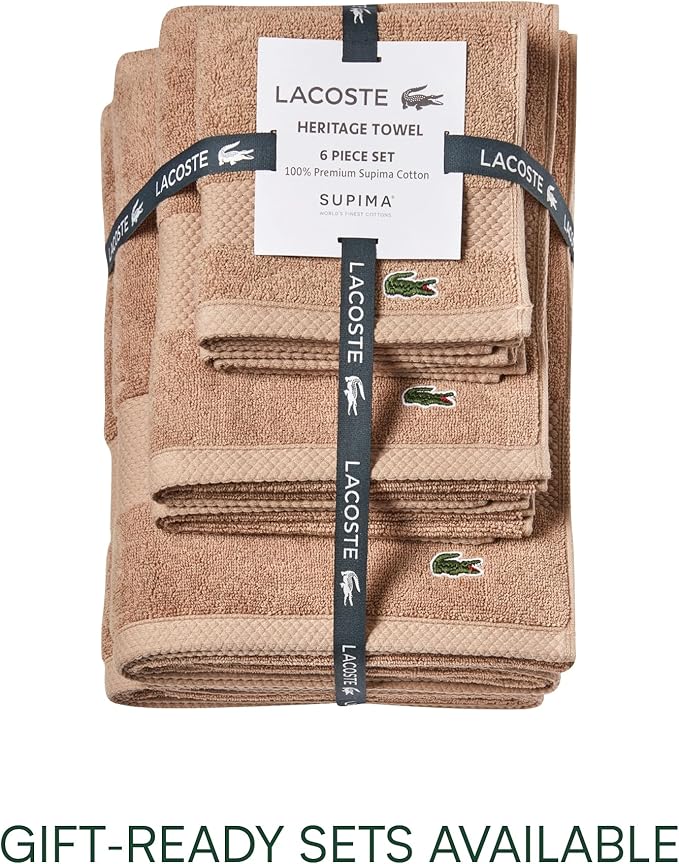Lacoste Heritage 100% Supima Cotton Wash Cloth, Sand, 13" x 13" – Highly Absorbent & Quick Drying, Premium Super Soft Bath Towel, Bathroom Essential, Gift for All Occasions, Machine Washable