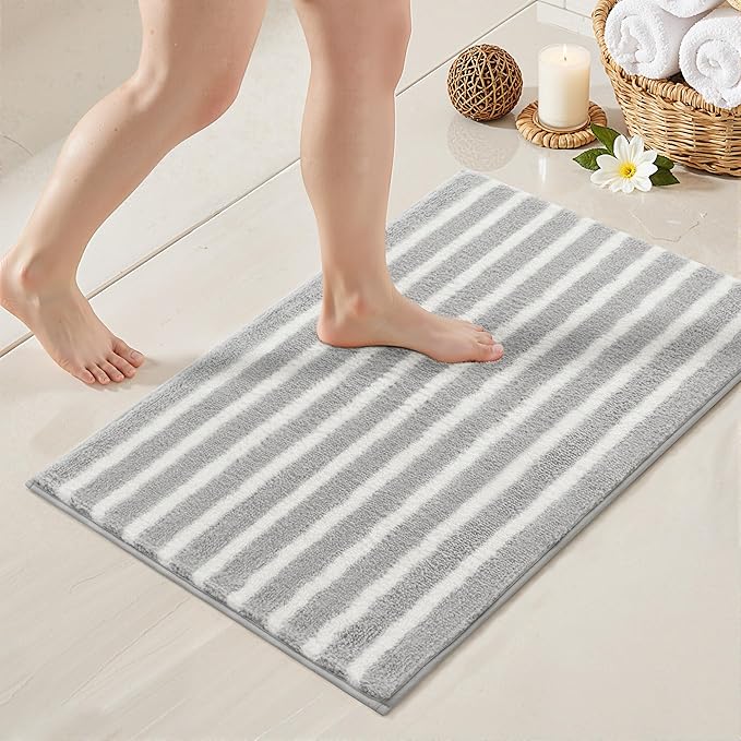 GRANNY SAYS Striped Bathroom Rugs Non Slip, 16" x 24", Bath Rugs for Bathroom Washable, Bath Mats for Floor, Microfiber Bath Mat for Tub, Absorbent Bath Rugs for Shower Room, Grey