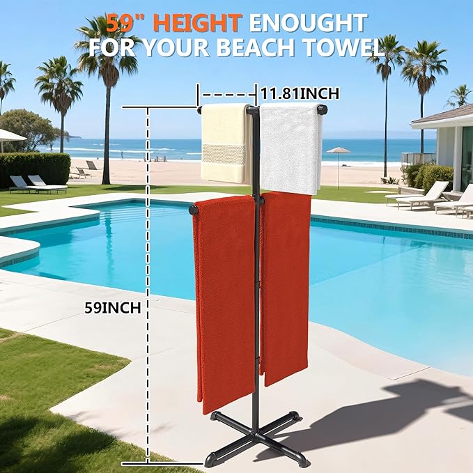 Hjarta Outdoor Towel Rack for Pool, 59 Inch Pool Towel Holder with 4 Bars, Poolside Towel Racks for Outdoor, Towel Drying Rack for Pool Area Outside, Bathroom, Spa, Hot Tub