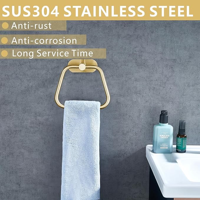 Self-Adhesive Towel Ring, Bathroom Hardware Accessories, 304 Stainless Steel Hand Towel Holder for Bathroom and Kitchen, Ladder Towel Hook, No Drill Installation Wall Mount (Gold)