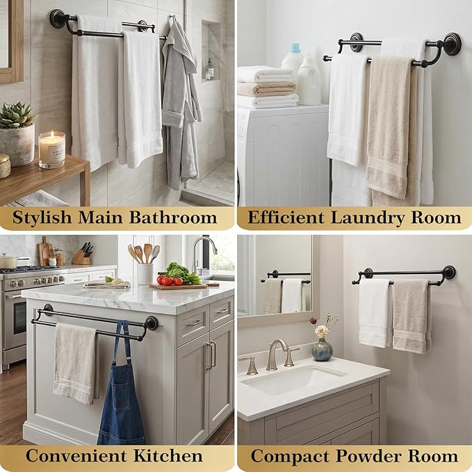 Brass Double Towel Bar, Adjustable Antique Black Towel Racks for Bathroom Wall Mounted Fits 14-25.4 Inch Centers, Heavy Duty Rustproof Bathroom Towel Rod Holder for Kitchen, Laundry Room, Hotel