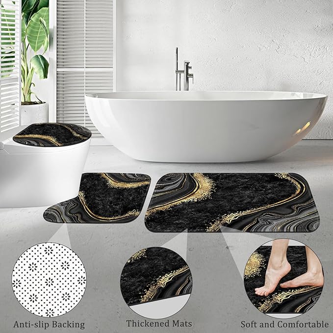 4PCS Black Gold Marble Shower Curtain Sets with Rugs, Abstract Bathroom Sets with Shower Curtain and Rugs, Modern Bathroom Curtains Shower Set with Accessories for Bathroom Decor