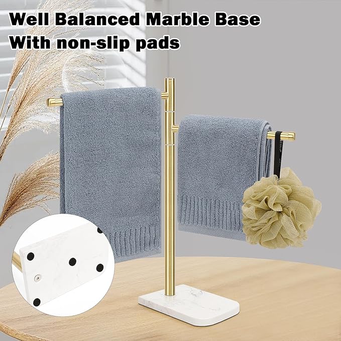 Standing Hand Towel Holder, Hand Towel Stand with Marble Base, 304 Stainless Steel Towel Rack with 2 Swivel Arm, Countertop Stand Towel Ring Towel Bar for Bathroom (Gold)