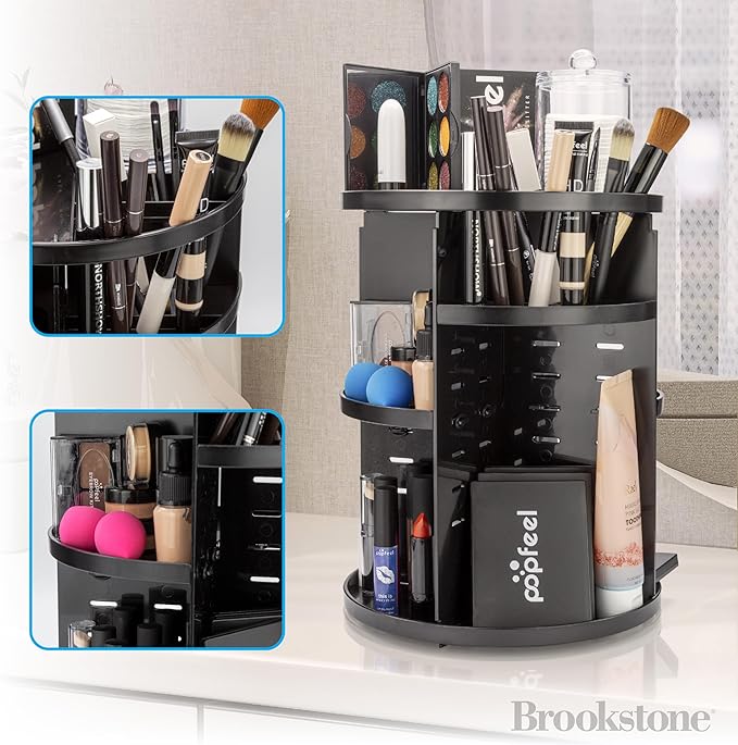 Brookstone 360° Spin Cosmetic Display Case for Vanity, Store Brushes, Lipsticks, and Other Fashion Accessories, Versatile Storage Solution, black