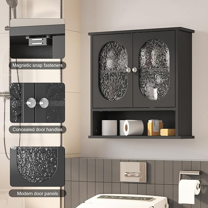 23x24 Black Bathroom Medicine Cabinet,2 Acrylic Doors Oval Bathroom Wall Cabinet,Over The Toilet Storage Cabinet for Bathroom/Kitchen/Living Room,Wall Mounted Medicine Cabinets Over Toilet