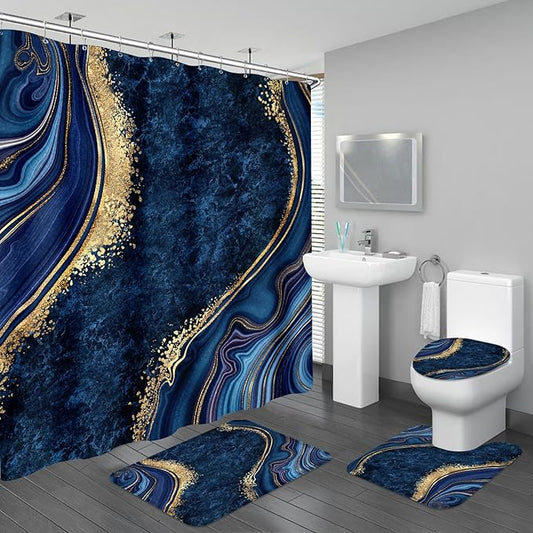 4PCS Navy Blue Gold Marble Bathroom Sets with Shower Curtain and Rugs, Abstract Shower Curtain Sets with Rugs for Bathroom Decor, Modern Bathroom Curtains Shower Set with Toilet Lid Cover