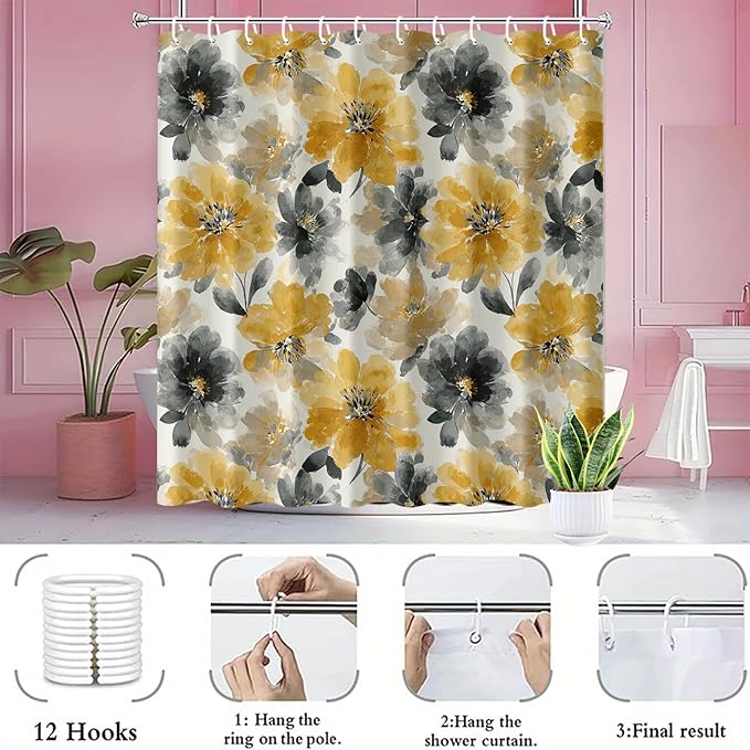 Yellow Grey Floral Shower Curtain 72x72 Inch Watercolor Flower Bathroom Curtain Modern Boho Style Machine Washable Decor