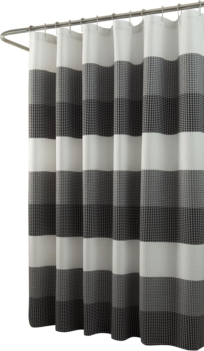 Dainty Home Ombre Waffle Weave Shower Curtain 70 x 72 Black Textured Fabric Shower Curtain, Hotel Style Waffle Weave Bathroom Curtain, Water Resistant Polyester Ombre Shower Curtain