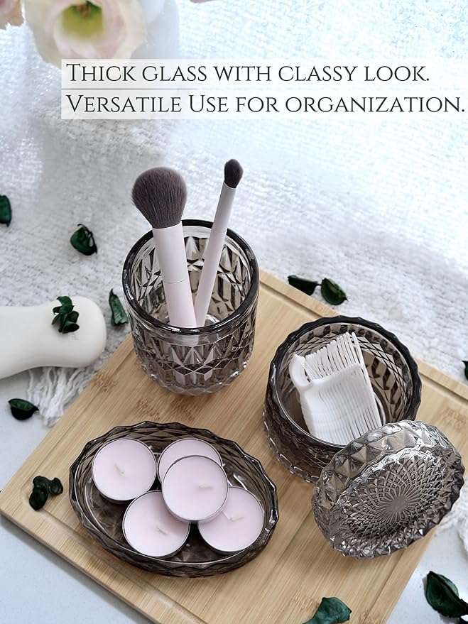 LaMarriti Gray Bathroom Accessories Set, 5Pcs Clear Glass Bathroom Sets, Soap Dispenser, Soap Dish, Toothbrush Holder Set, Cotton Swab Jar, Black and Gold Accent for Vintage Bathroom Decor, Gift Set