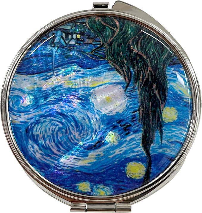 Portable Makeup Compact Double Magnifying Mirror Cosmestic Foldable Pocket Style Unique Mother of Pearl Design (Starry Night)