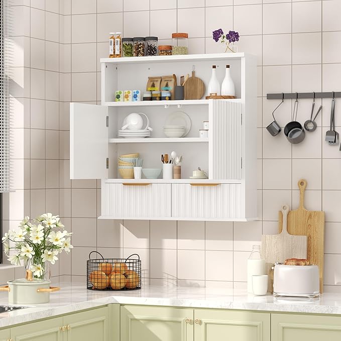 Fluted Bathroom Wall Cabinet with Drawers, Wooden Medicine Cabinet Organizer Over The Toilet, Wall Mounted Storage Cabinet with Open Shelf for Bathroom, Kitchen, and Laundry Room (White)