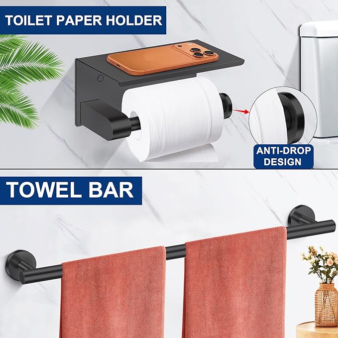 5 Pieces Bathroom Hardware Accessories Set Matte Black, 24Inch Round Towel Racks Set for Bathroom, SUS304 Stainless Steel Towel Bar Set, Toilet Paper Holder with Shelf Wall Mounted