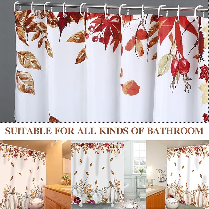 Drydiet 4 Pcs Fall Shower Curtain Sets 71 x 71 in Thanksgiving Autumn Non Slip Rugs Toilet Lid Cover Bath Mat and 12 Hooks Fall Bathroom Shower Curtain for Thanksgiving Harvest Farmhouse Home Decor