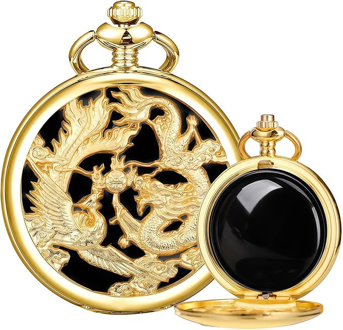 ManChDa Scrying Mirror Black Obsidian Mirror Lucky Dragon & Phoenix Pocket Watch Shell Witchcraft Kit Wiccan Supplies and Tools Witchy Gifts, Gold