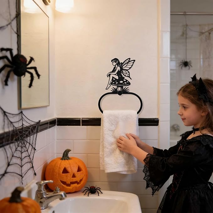 Gothic Tinker Bell Mushroom Towel Ring, Black Metal Witchy Wall Mounted Bathroom and Kitchen Towel Holder, Goth Hand Towels Bathroom Kitchen Accessories, Witchy Hands Rack for Home Office
