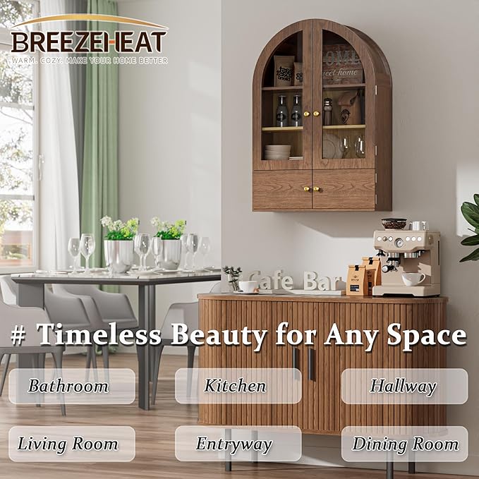 BREEZEHEAT Arched Medicine Cabinet with Extra Storage, Glass Doors & Adjustable Shelf -Wall Mounted Over Toilet Cabinet for Bathroom, Kitchen, Laundry Room, Walnut Wood Grain, 23.6x33.5 Inch