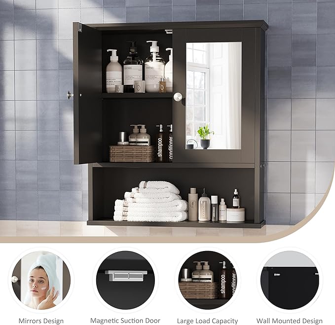 Meilocar Bathroom Wall Cabinet with Mirror, Bathroom Mirror Cabinet Wall Mounted, Over Toilet Medicine Cabinets with Adjustable Shelf, Large Capacity, Black