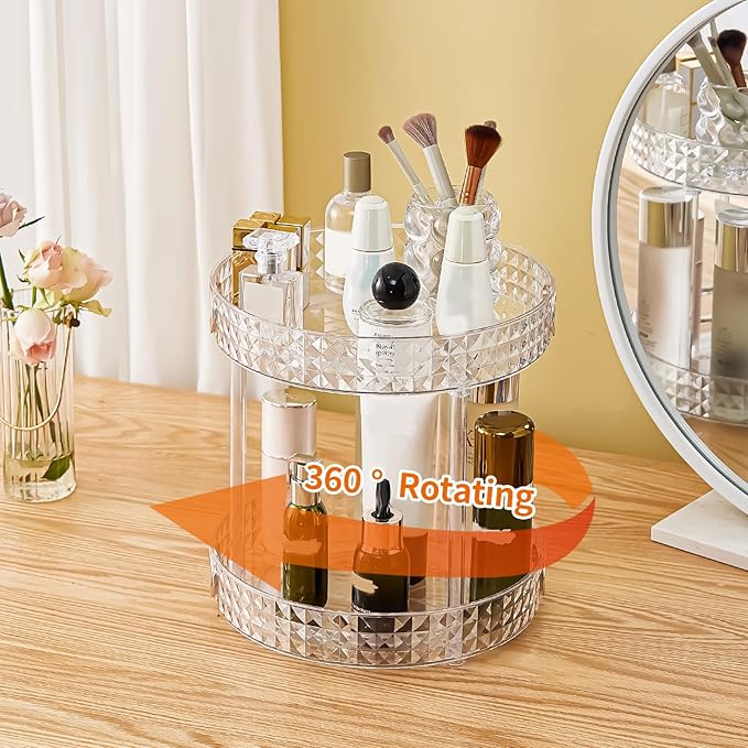360?? Rotating Makeup Organizer, 2 Tier Large Perfume Organizers with Portable Handle for Vanity Bathroom Countertop, Bathroom Counter Organizer for Cosmetics Skincare Perfume