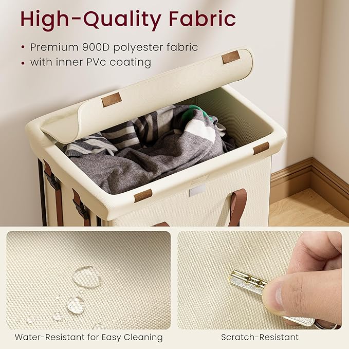 150L Rolling Laundry Basket with Wheels and 2 Removable Bags, Double Laundry Hamper with Lid, 2 Section Large Capacity for Laundry Bedroom Bathroom Dorm, Easy Move & Organize 19.7"x15.7"x31.9", White