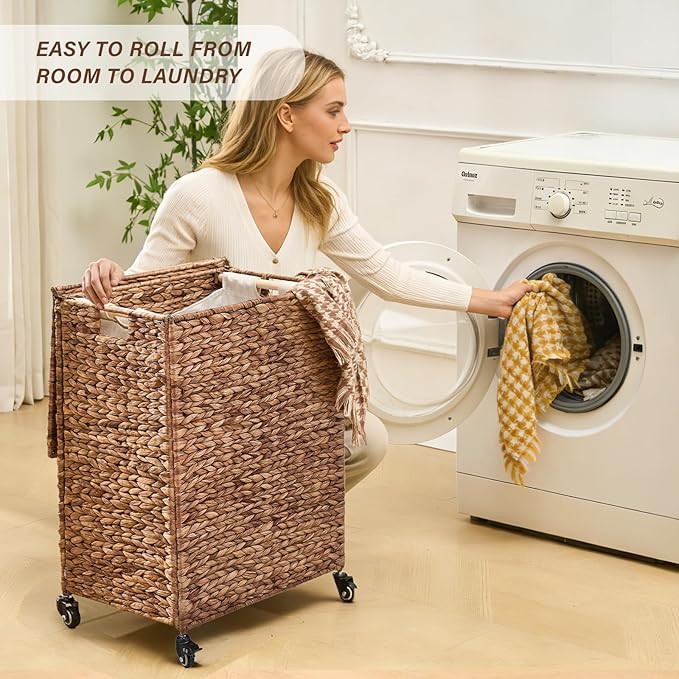 Hand-Woven Laundry Basket with Wheels, Natural Water Hyacinth Laundry Hamper with Lid, Removable & Machine-Washable Liner,Clothes Hamper for Bathroom and Laundry Room(90L,Espresso)