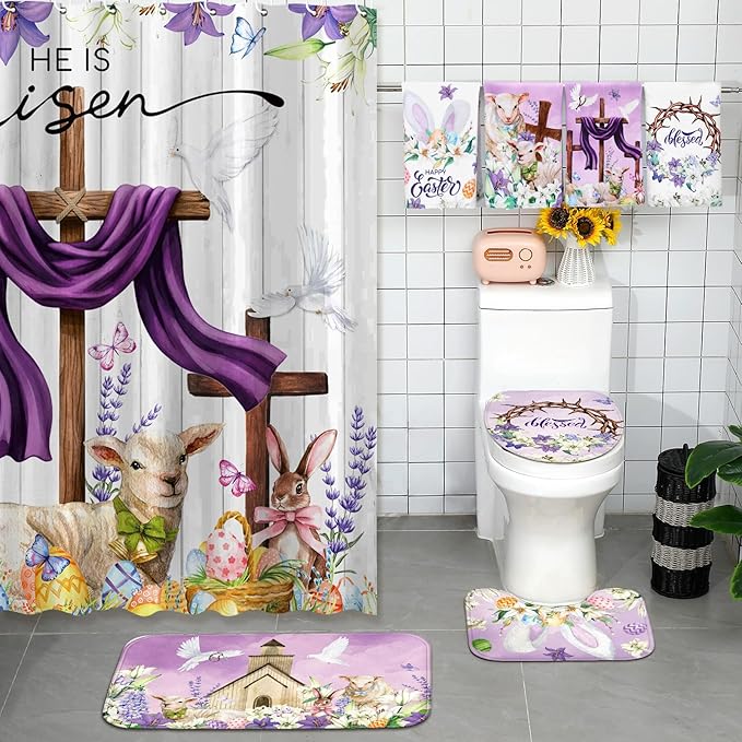 FuWeave 8 Pcs Easter He is Risen Shower Curtain Set for Bathroom Include Christian Lamb Cross Bunny Egg Shower Curtain Towels Non Slip Rugs Toilet Lid Cover Bath Mat and 12 Hooks for Bathroom Decor